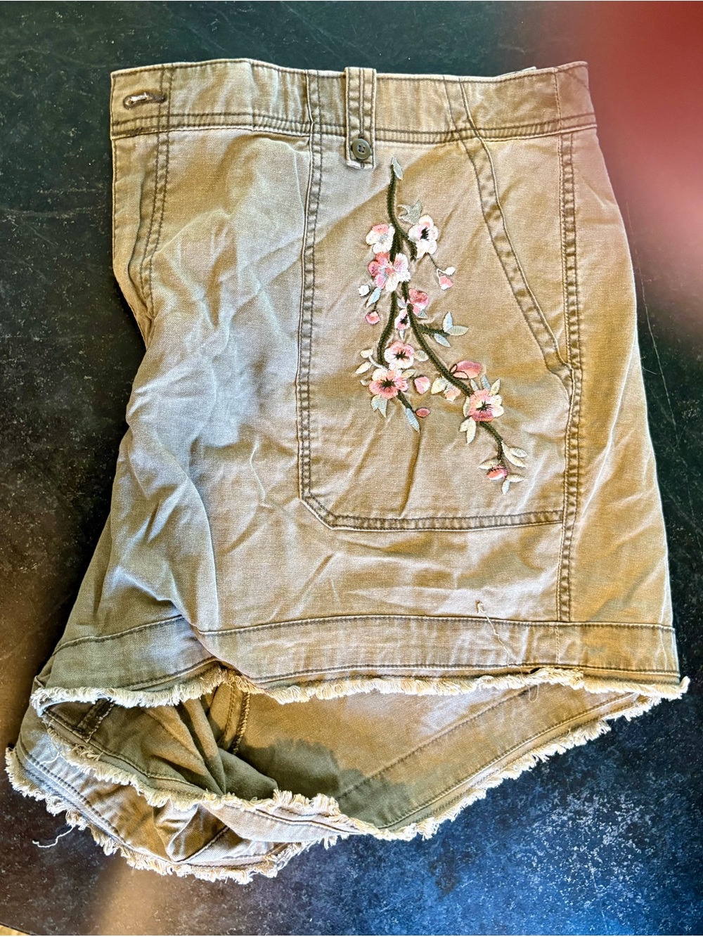 Lane Bryant Women’s Olive Green Utility Shorts with floral embroidery